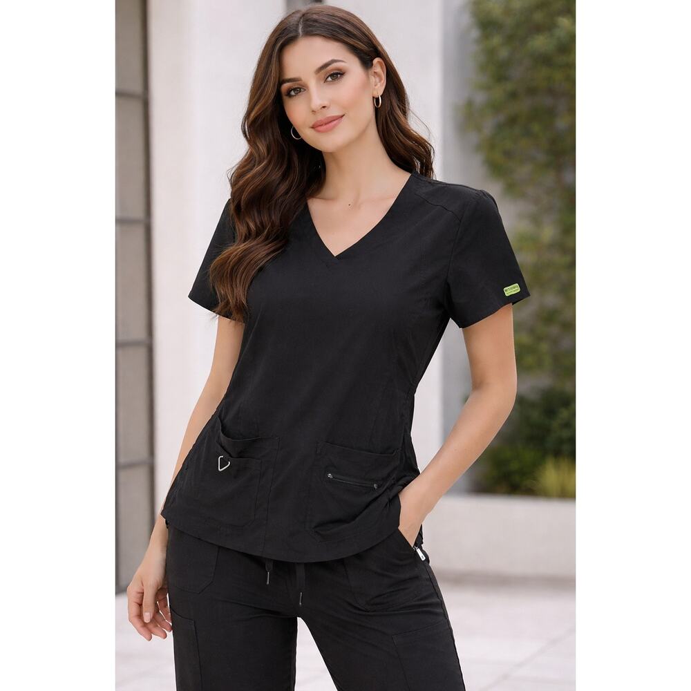 Med Couture Black V Neck Scrub Top Size Large Zip Pocket Stretch